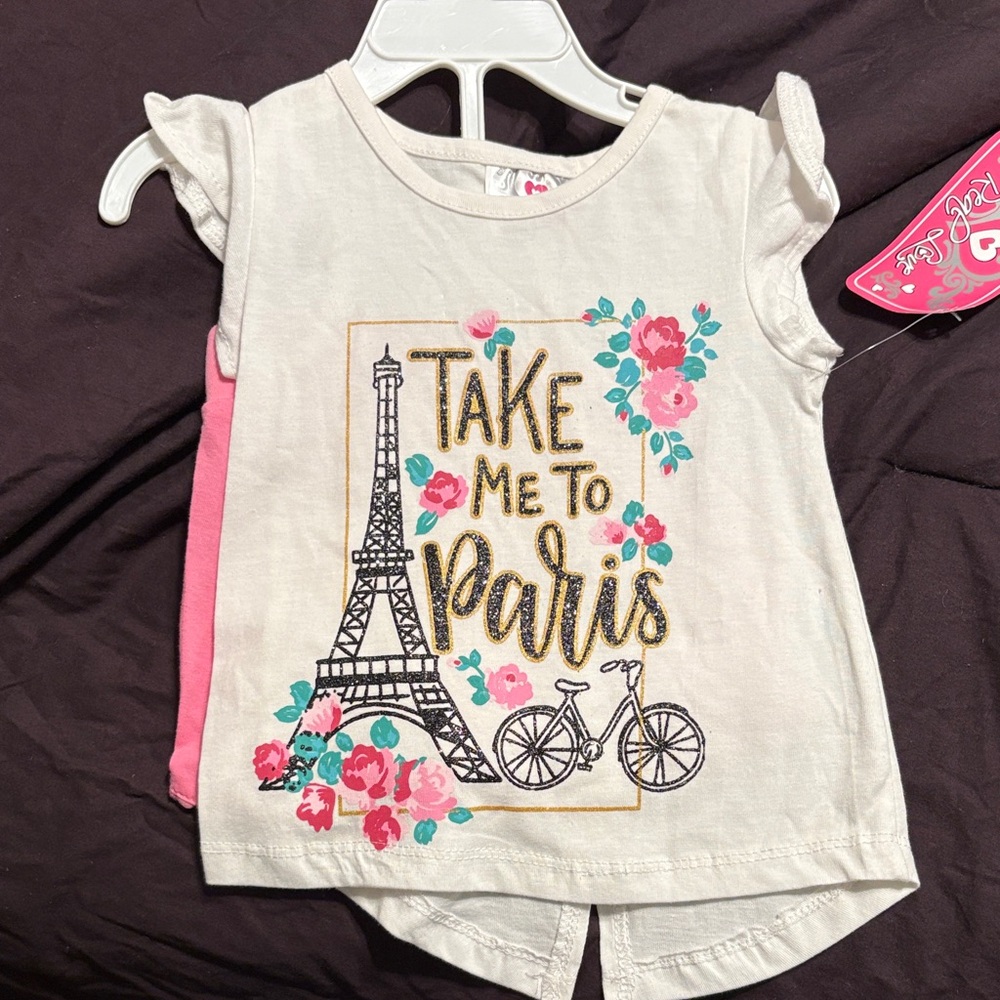 Girls' 'Take Me to Paris' Floral Tee - White & Pink with Pink Shorts